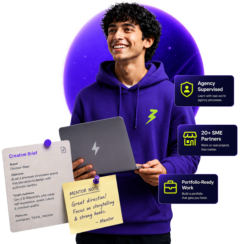 Zap Hunar student in purple hoodie holding a laptop, smiling
